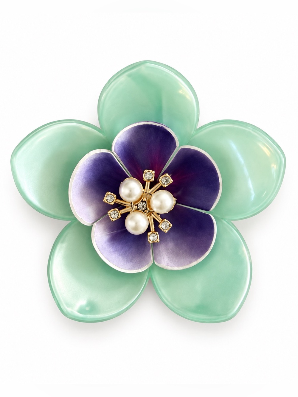Light Green & Purple Pearl Rhinestone Flower Floral 3“ Lobster Claw Hair Clip